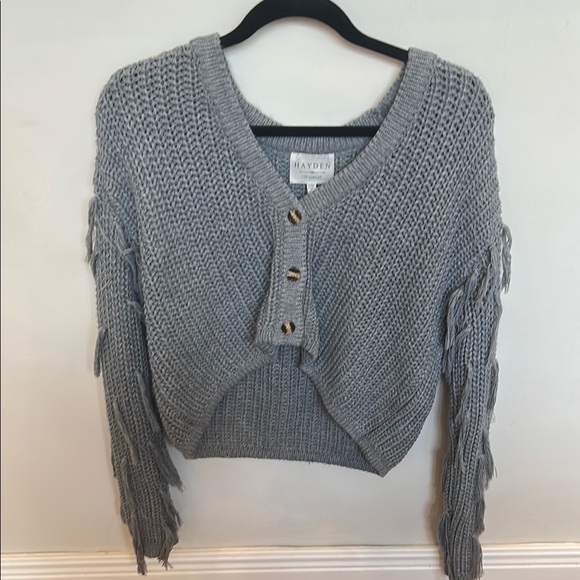 Hayden Sweaters - Hayden Gray Cropped Cable Knit Fringe Crop Sweater